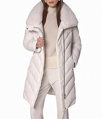 Donna Karan Chevron Pattern High Neck Down Filled Asymmetrical Zip Front Puffer