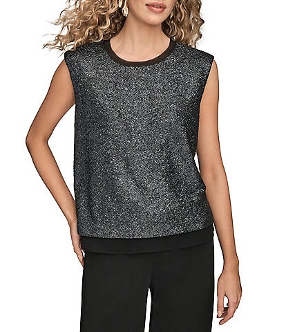 Donna Karan Chiffon Trimmed Crew Neck Sleeveless Top