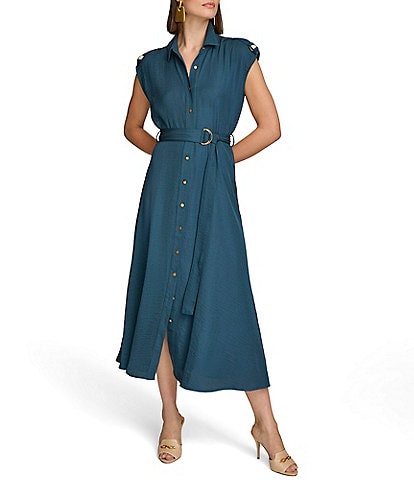 Donna Karan Collared Neckline Cap Sleeve Midi Shirt Dress
