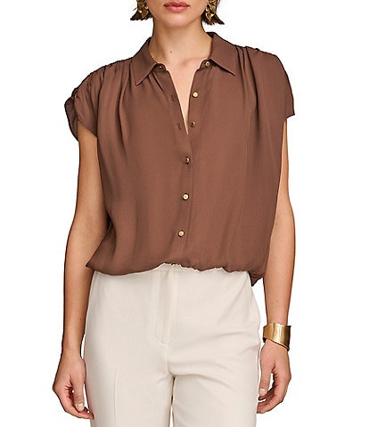 Donna Karan Collared Neckline Ruched Cap Sleeve Blouse