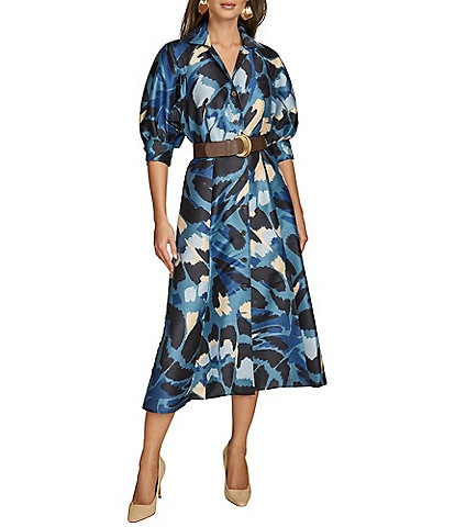 Donna Karan Collared Puff Elbow Sleeve Belted Dupioni A-Line Midi Dress