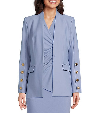 Donna Karan Collarless Button Hardware 1-Button Jacket & Woven Slim Leg Ankle Pants