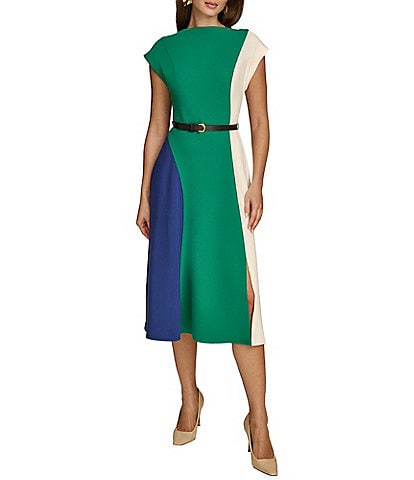 Donna Karan Color Block Boat Neck Cap Sleeve Belted Cady Crepe A-Line Midi Dress