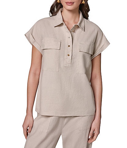 Donna Karan Coordinating Linen Blend Point Collar Cap Sleeve Camp Shirt