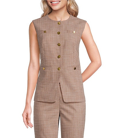Donna Karan Coordinating Melange Basket Weave Crew Neck Vest