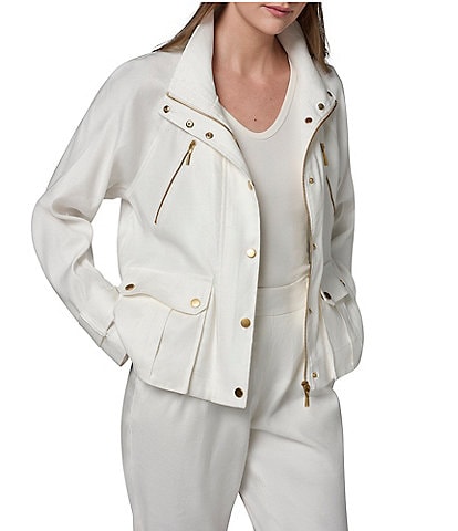 Donna Karan Coordinating Suiting Linen Blend Collared Long Sleeve Snap Front Zip Up Jacket