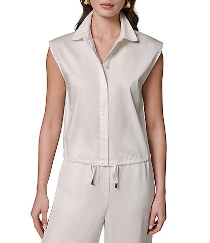 Donna Karan Cotton Poplin Point Collar Cap Sleeve Drawstring Hem Button Front Blouse