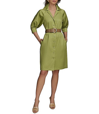 Donna Karan Cotton Sateen Belted Shirt Dress