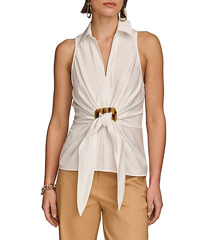 Donna Karan Cotton Sateen Collared Hardware Tie Waist Top