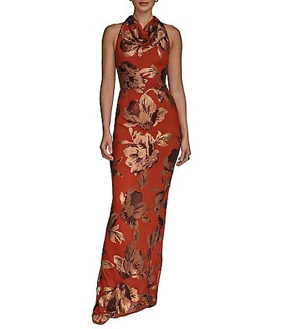 Donna Karan Cowl Neck Floral Sequin Sheath Dress