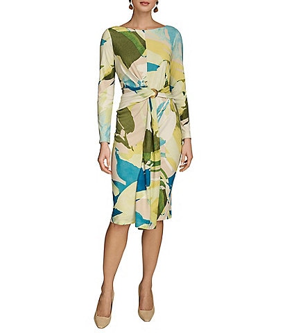Donna Karan Crew Neck Long Sleeve Front Twist O-Ring Sheath Dress