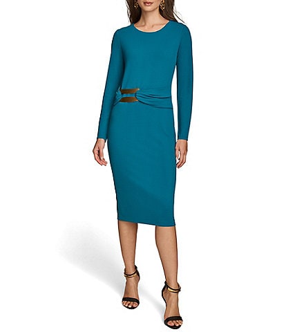 Donna Karan Crew Neck Long Sleeve Hardware Detail Dress