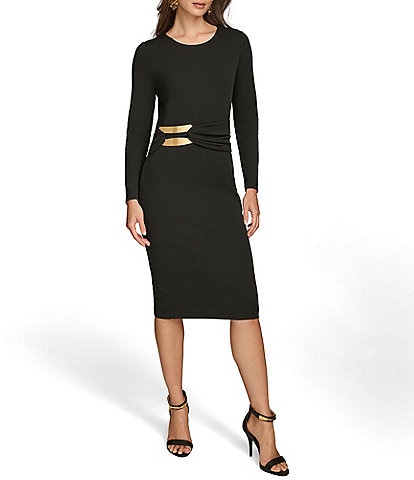 Donna Karan Crew Neck Long Sleeve Hardware Detail Dress