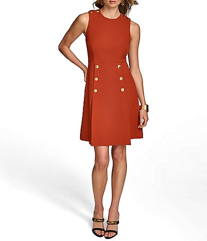 Donna Karan Crew Neck Sleeveless Button Detail A-Line Dress