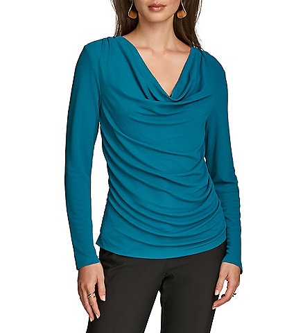 Donna Karan Draped Cowl Neck Long Sleeve Knit Top