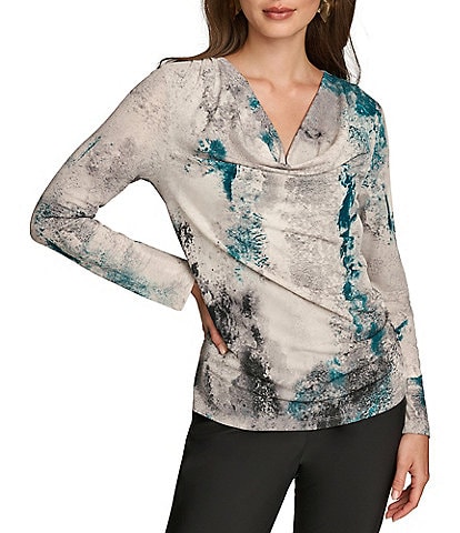 Donna Karan Draped Cowl Neck Long Sleeve Printed Knit Top