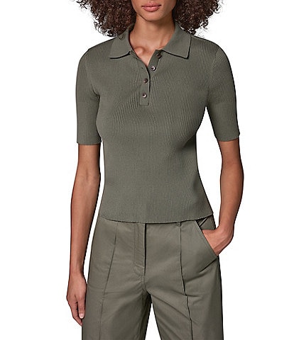 Donna Karan Elbow Sleeve Rib Button Front Top