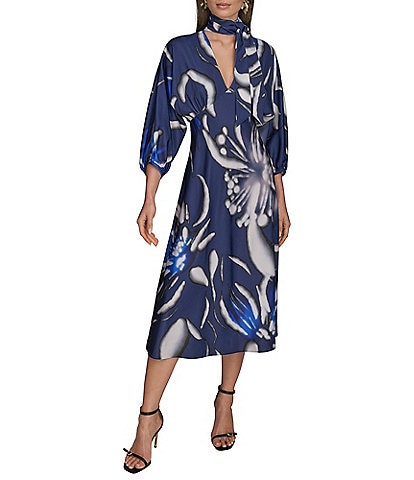 Donna Karan Empire Waist Floral Print Midi Dress