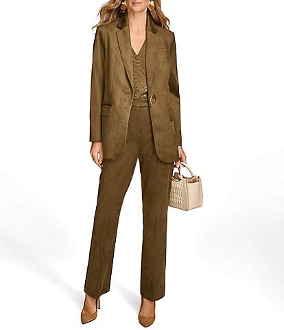 Donna Karan Faux Suede Notch Lapel Gold 1-Button Blazer & Faux Suede Mid-Rise Boot Leg Coordinating Pant