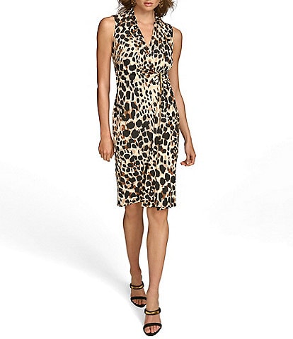 Donna Karan Filament Jersey Cheetah Print Surplice V-Neck Sleeveless Wrap Midi Dress