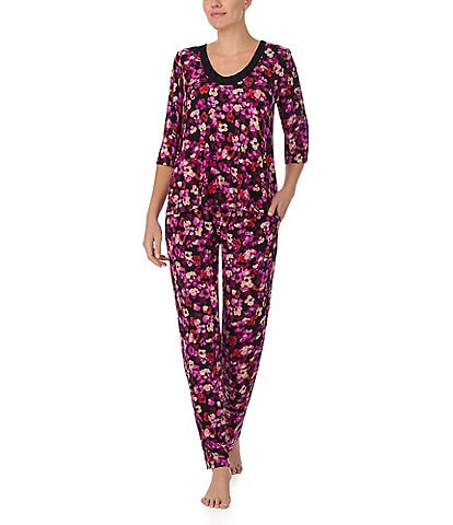 Donna Karan Floral Jersey Knit 3/4 Sleeve Scoop Neck Pajama Set