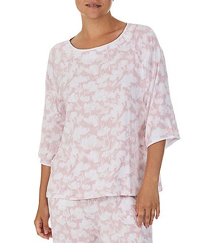 Donna Karan Floral Print 3/4 Sleeve Round Neck Coordinating Knit Sleep Top