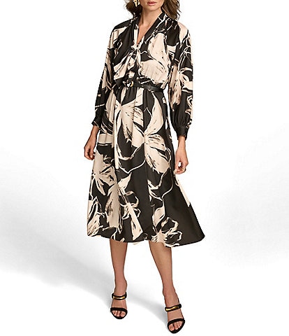 Donna Karan Floral Print Satin Tie Neck Long Sleeve Belted A-Line Dress