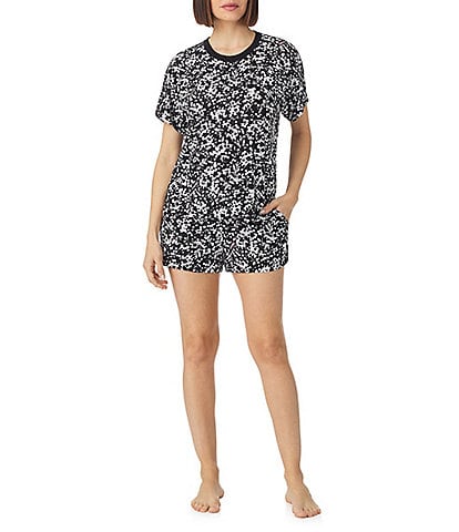 Donna Karan Floral Print Short Sleeve Round Neck Top & Shorty Knit Lounge Set