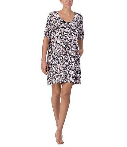 Donna Karan Floral Print Short Sleeve V Neck Knit Lounge Dress
