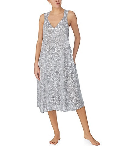 Donna Karan Floral Print Sleeveless V Neck Long Woven Nightgown