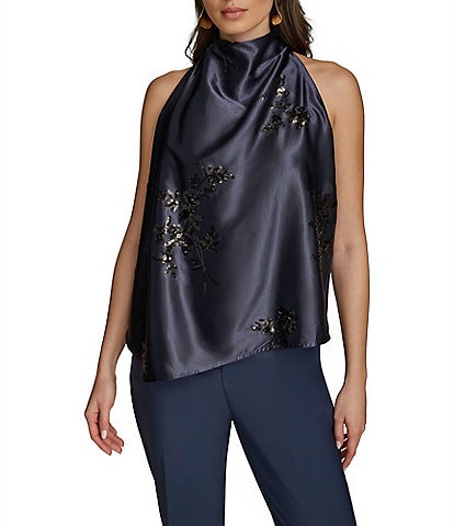 Donna Karan Floral Sequin Mock Neck Sleeveless Top