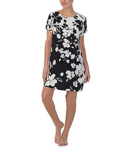 Donna Karan Floral Short Sleeve Jersey Knit Lounge Dress