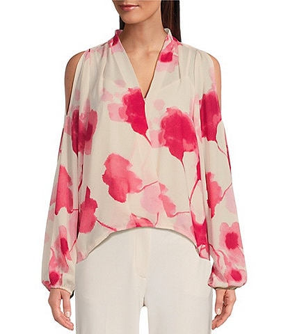 Donna Karan Floral Textured Georgette Cold Shoulder Long Sleeve Blouse