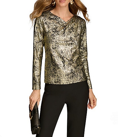 Donna Karan Foil Printed V-Neck Pleat Shoulder Long Sleeve Top