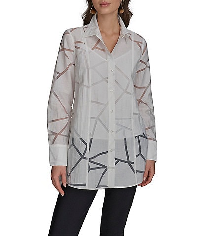 Donna Karan Geometric Burnout Spread Collar Long Sleeve Button-Front Tunic