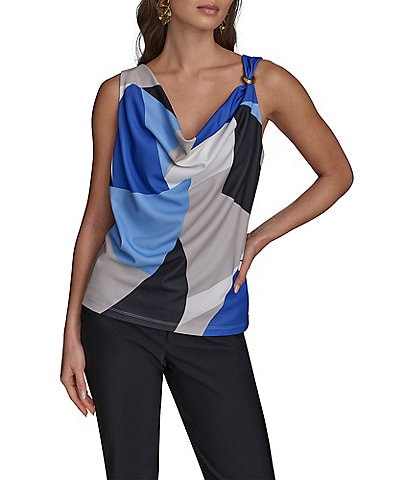 Donna Karan Geometric Printed Gold Shoulder Hardware Cowl Neck Sleeveless Top