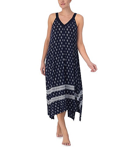 Donna Karan Geometric Printed Sleeveless V Neck Jersey Knit Maxi Nightgown
