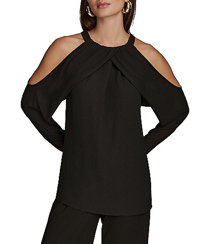 Donna Karan Georgette Halter Neck Cold Shoulder Long Sleeve Top