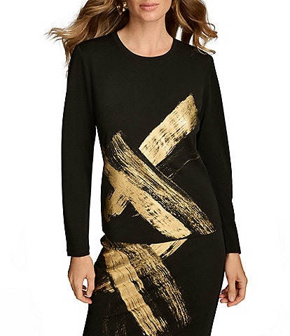 Donna Karan Gold Criss Cross Paint Crew Neck Long Sleeve Top