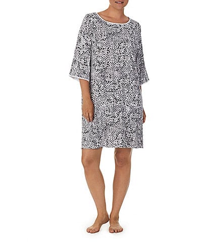 Donna Karan Grey Textured Dot Print 3/4 Sleeve Boat Neck Short Knit Nightgown