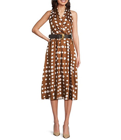 Donna Karan Halter Neck Polka Dot Print Belted Midi Dress