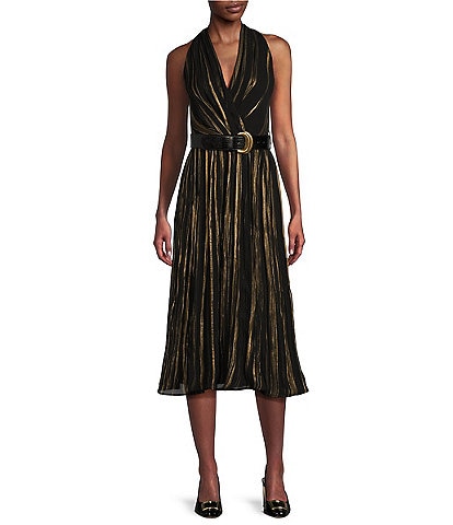 Donna Karan Halter V-Neck Sleeveless Belted Metallic Crinkle Chiffon Fit and Flare Midi Dress