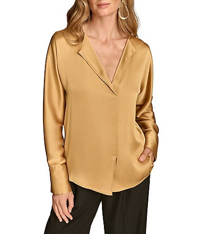 Donna Karan Hammered Satin V-Neck Long Sleeve Popover Blouse