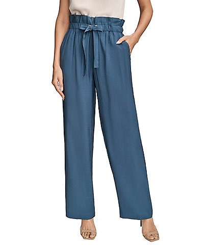 Donna Karan High Rise Front Tie String Belt Wide Leg Pants