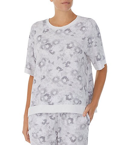 Donna Karan Jersey Knit Floral Print Short Sleeve Round Neck Coordinating Lounge Top