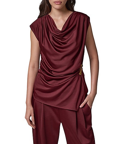Donna Karan Knit Cowl Neck Cap Sleeve Draped Front With Side Hardware Top