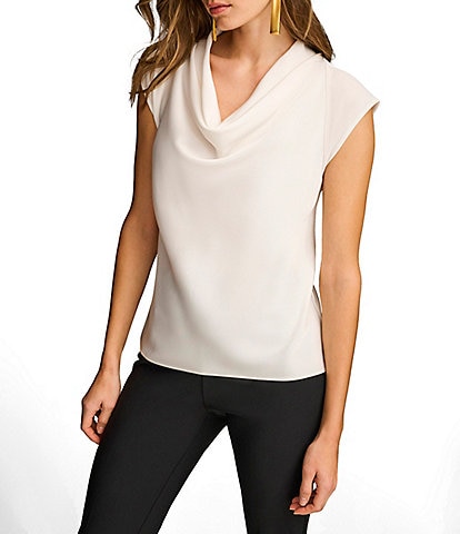 Donna Karan Knit Cowl Neck Crepe Cap Sleeve Blouse