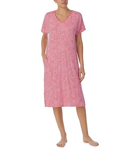 Donna Karan Knit Floral Print Short Sleeve V-Neck Lounge Dress