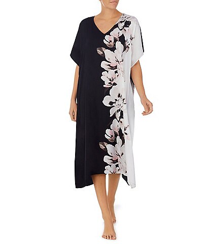Donna Karan Knit Floral Short Sleeve V-Neck Caftan