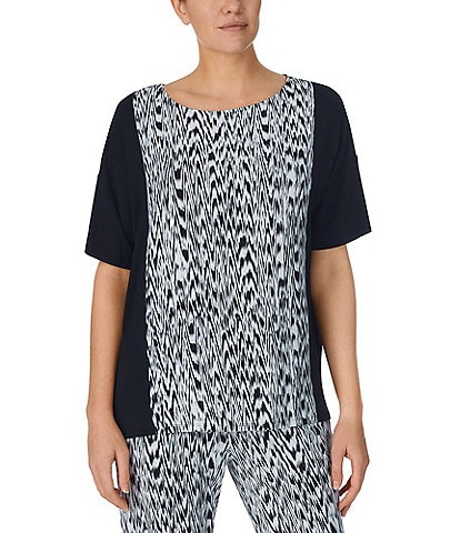 Donna Karan Knit Textured Ikat Print Short Sleeve Coordinating Lounge Top